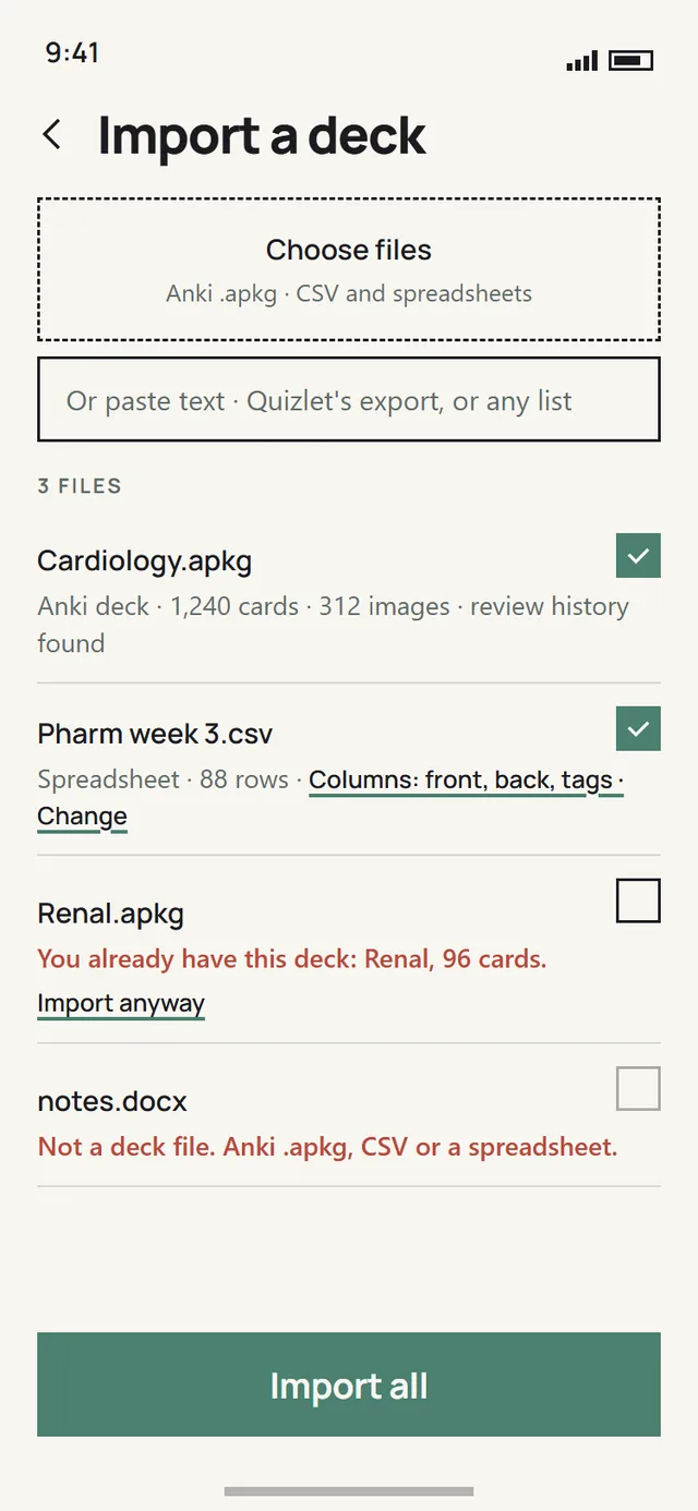 Import: an Anki deck with its images and review history found