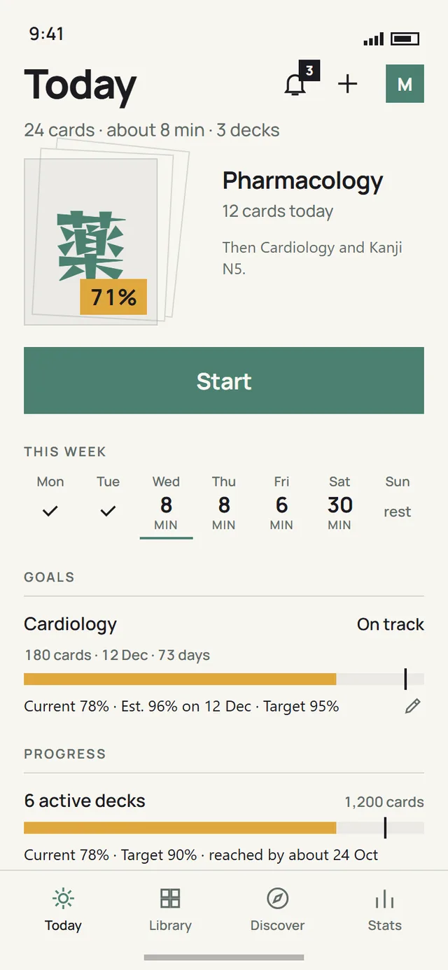 Bunshu's Today screen: 24 cards, about 8 minutes, across three decks, with Start
